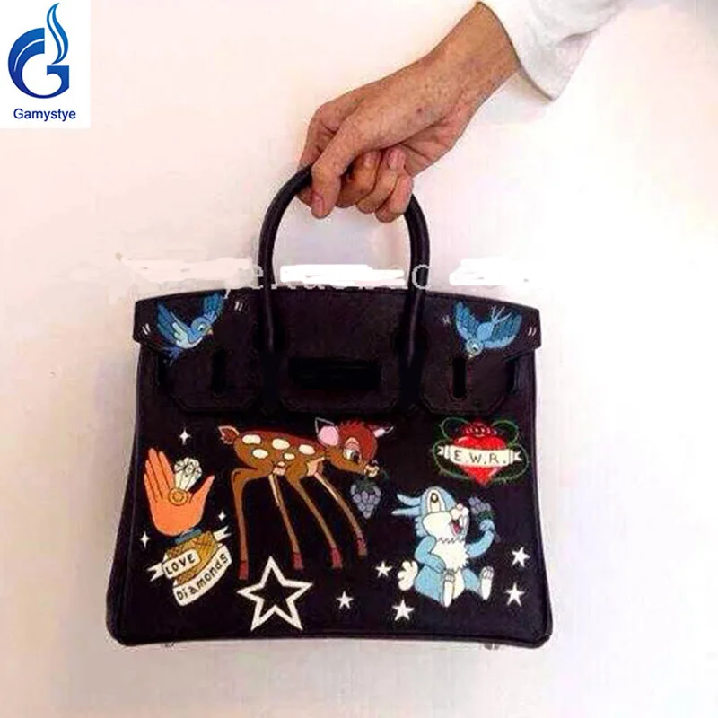 

25cm Black Women Handbags Luxury Shoulder Bags Real Genuine Leather Top Handle Bags Hand Printed Cartoon Customize Bags 2018 Y