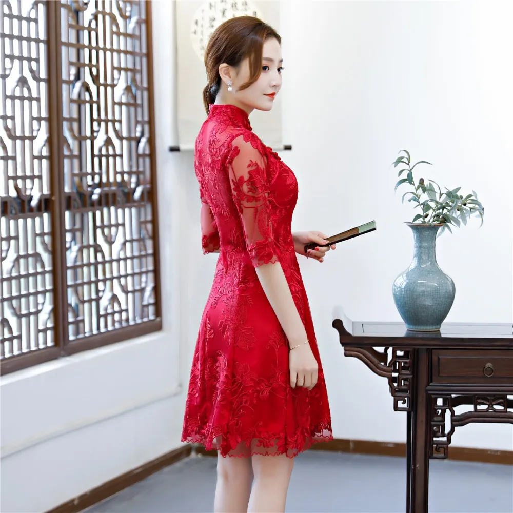 Шанхай история цветок вышивка Cheongsam платья Красные кружевные Qipao для Для женщин традиционное китайское платье свадебное платье