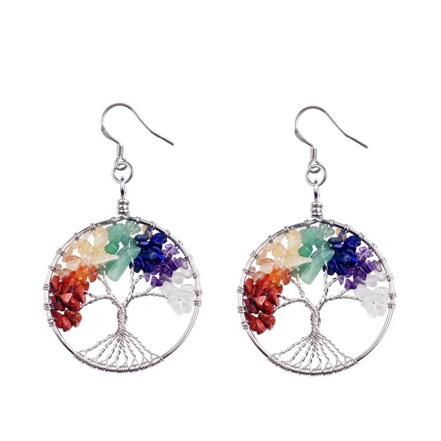 Handmade Tree Of Life Dangle Earrings 7 Chakra Stone Silver Wire Handmade Tree Of Life Dangle Earrings 7 Chakra Stone Silver Wire Wred Drop Earring