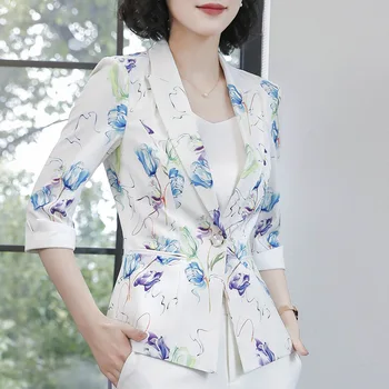 

Ink Floral Print Blazer Jacket Women Small Suit 2020 Spring Non-Iron Leisure Suit Women OL Slim Top
