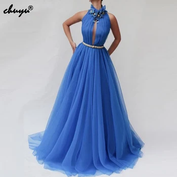 

Royal Blue Muslim Evening Dress High neck Tulle Flowers vestido de festa Islamic Dubai Saudi Arabic Evening Gown Prom Dress
