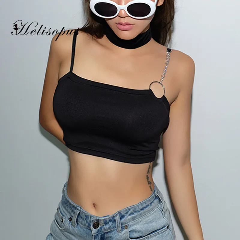 

Helisopus Black Sleeveless Basic Crop Top Sexy Metal Chain Strap Halter Tank Top Punk Style Short Tops Camisole