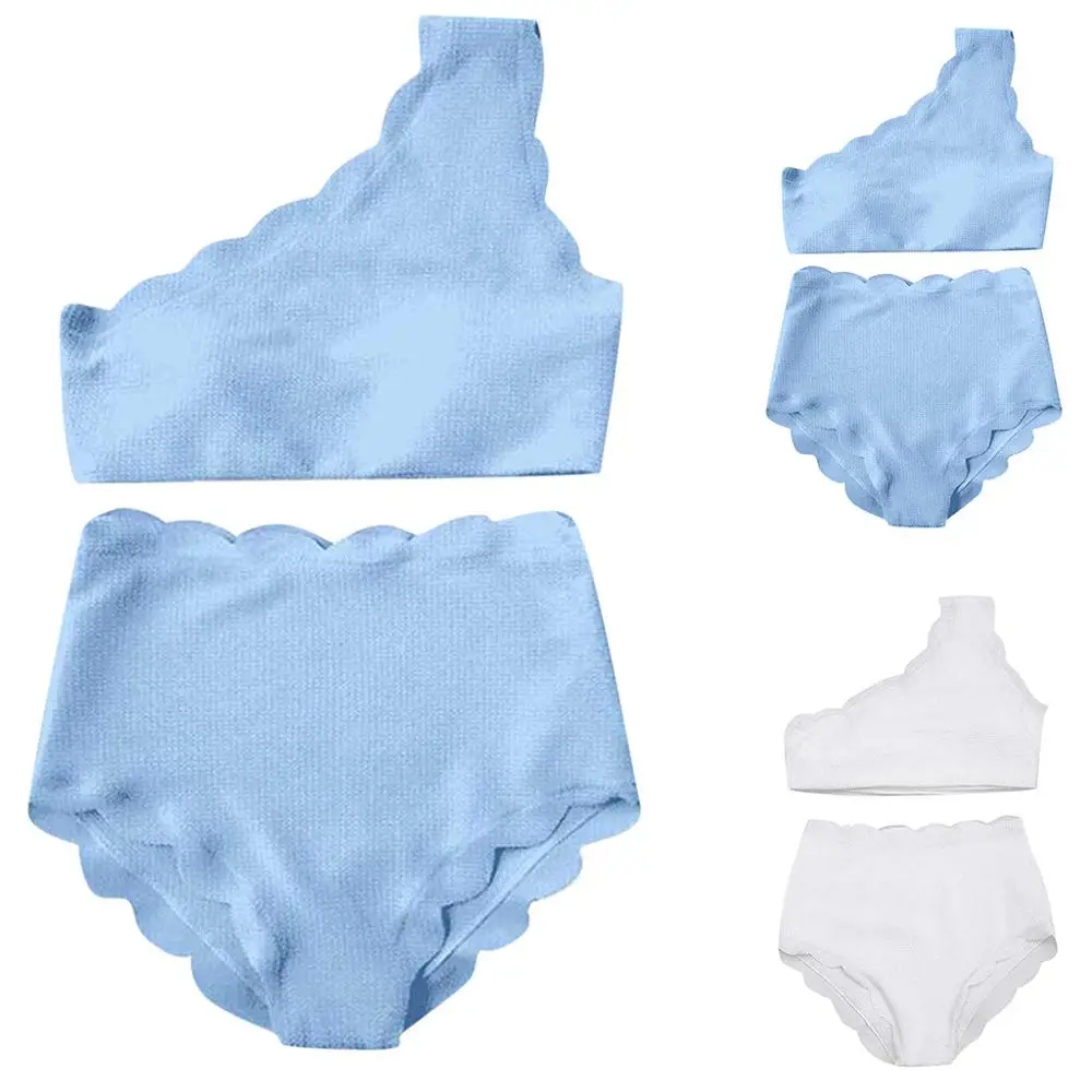 

2Pcs/set Vintage High Waisted Swimsuit Scalloped Trim One Shoulder Bikini Beachwear Bathing Suit Swimming Beach Wear Biquini #sx