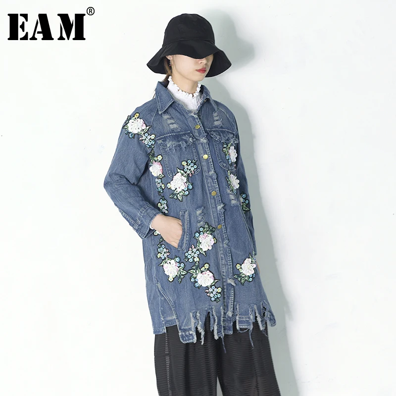 Blue Revers Jh209 Nouveau En Veste Commune Fendue Dimensions Longues Manches Long eam Lâche Mode Printemps Femmes Fleur Trois 2019 Denim wUq5UtH