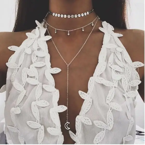 Bohemia Multilayer Necklace Wafer Chain Crystal Pendant Moon Layered Ethnic Women Gift Jewelery |