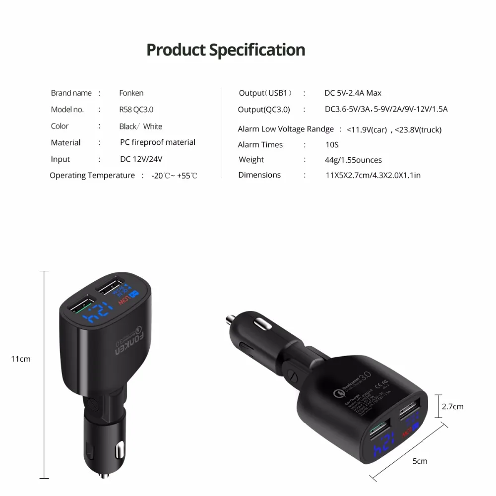 FONKEN 30 واط 9 فولت 2A USB شاحن سيارة 2 ميناء سريعة تهمة 3.0 شاحن سيارة-شاحن سريع QC3.0 LED الجهد عرض مع شحن كابل