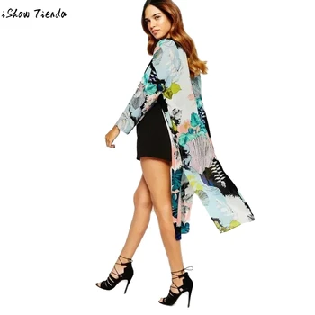 

Kimono Jacket Women Boho Printed Chiffon Shawl Split the fork Long Cardigan Tops Cover up Blouse Chaqueta Negra Mujer Jaquetas