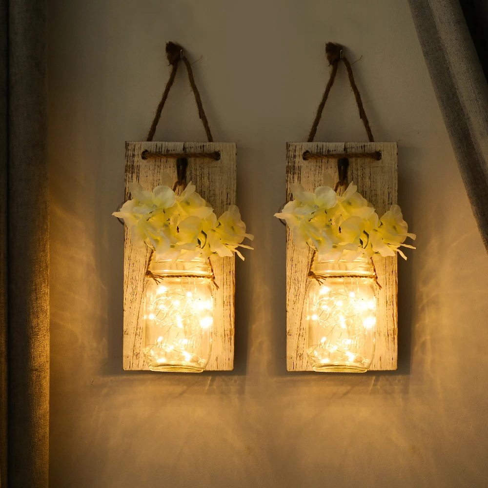 

Fairy Lights Mason Jar Sconces With LED Vintage Wrought Iron Hooks Silk Hydrangea Flower And LED Strip Lights Home Decor