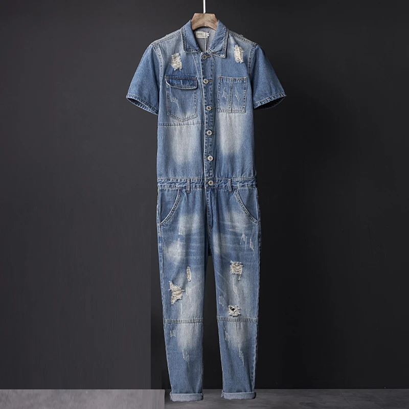 Korean Safari Style Mens Ripped Hole Bleached Short Sleeve Denim