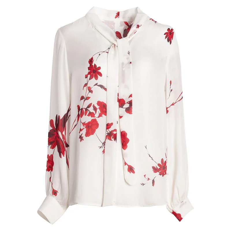 Women Blouse REAL SILK Crepe Print Long Sleeved Bow Collar Blouse Shirt White Office Lady Blouses Fall Winter Shirt