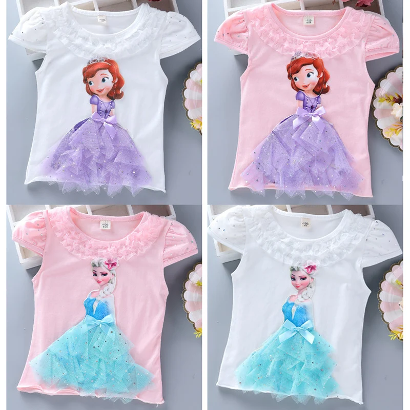 Новая летняя футболка принцессы для маленьких девочек хлопковая Кружевная футболка с изображением Эльзы и Софии Детские топы для дня рождения с аппликацией из страз