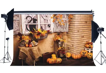 

Photography Backdrops Halloween Pumpkin Fresh Flowers Autumn Harvest Greeting Leaves Vine Black Cat Photo Background