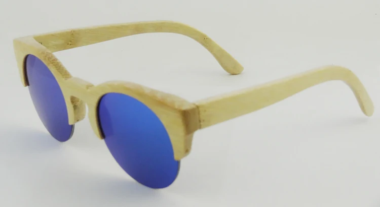 Из дерева ручной работы, солнцезащитные очки синие линзы солнцезащитные очки Бамбука половины обод кадр урожай ретро круглые очки женщины