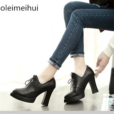 

Genuine Leather Autumn Thick High Heeled Pumps Toe Lacing Female Platform Shoes Casual Office Lady Shoes Square Heeled labut