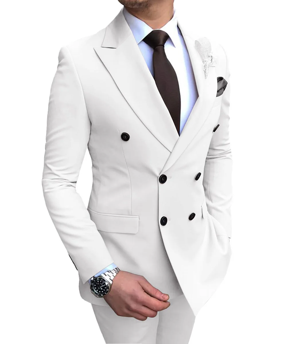  2019 New Beige Men's Suit 2 Pieces Double-breasted Notch Lapel Flat Slim Fit Casual Tuxedos For Wed - 33006055979