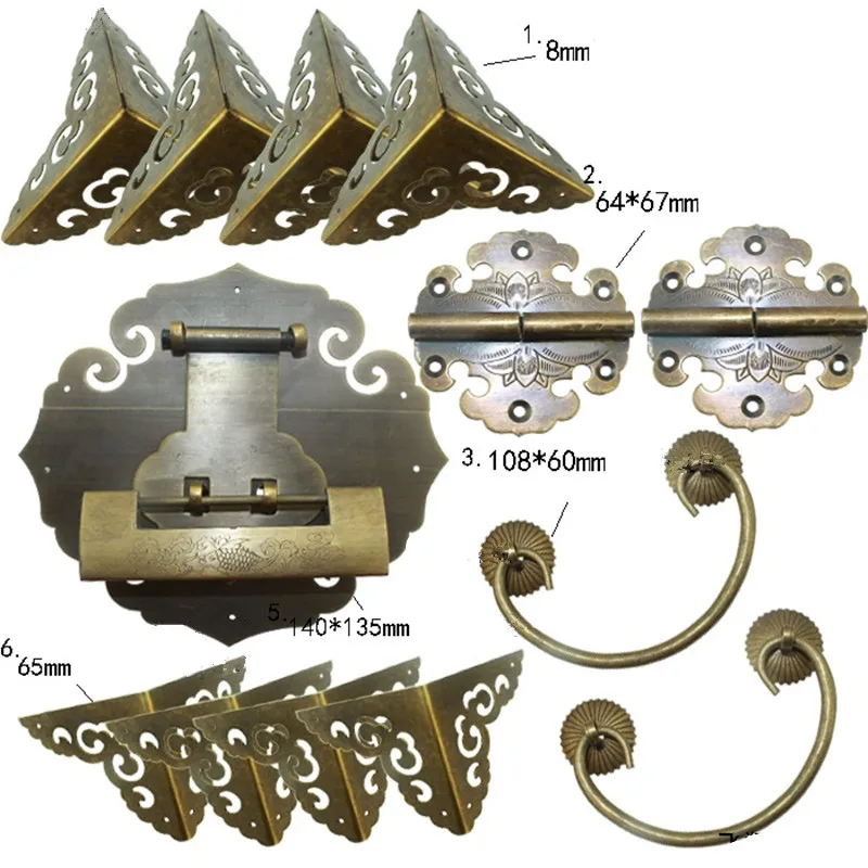 Brass Hardware Set Antique Wooden Box Knobs and Handles +Hinges +Latch +Lock+Corner Protector Furniture Decoration Brass Hardware Set Antique Wooden Box Knobs and Handles +Hinges +Latch +Lock+Corner Protector Furniture Decoration