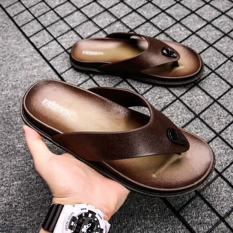 Мужские кожаные тапочки летние плоские Вьетнамки для дома мягкие домашние тапочки пляжные коричневые белые сандалии