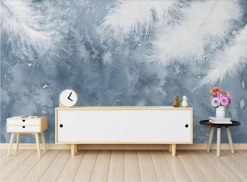 

Large wallpaper mural factory direct modern hand-painted feathers small fresh TV living room bedroom wall
