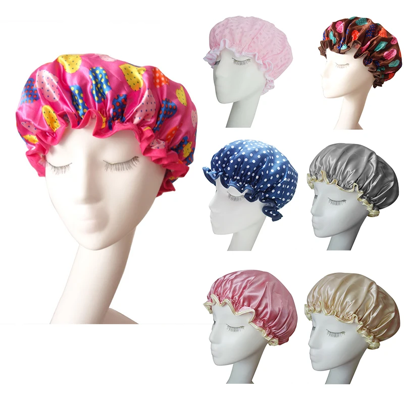 

Bath Shower Cap Reusable Two-double Waterproof Fashion Bathing Hair Cover for Adults Chiffon + Peva Hair Drying Hat Drop ship