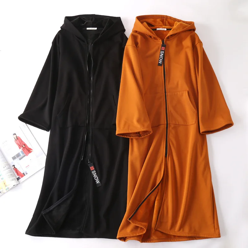 

hooded jackets women long dress autumn winter plus size zipper velvet loose thick warm sweatshirt European and American style