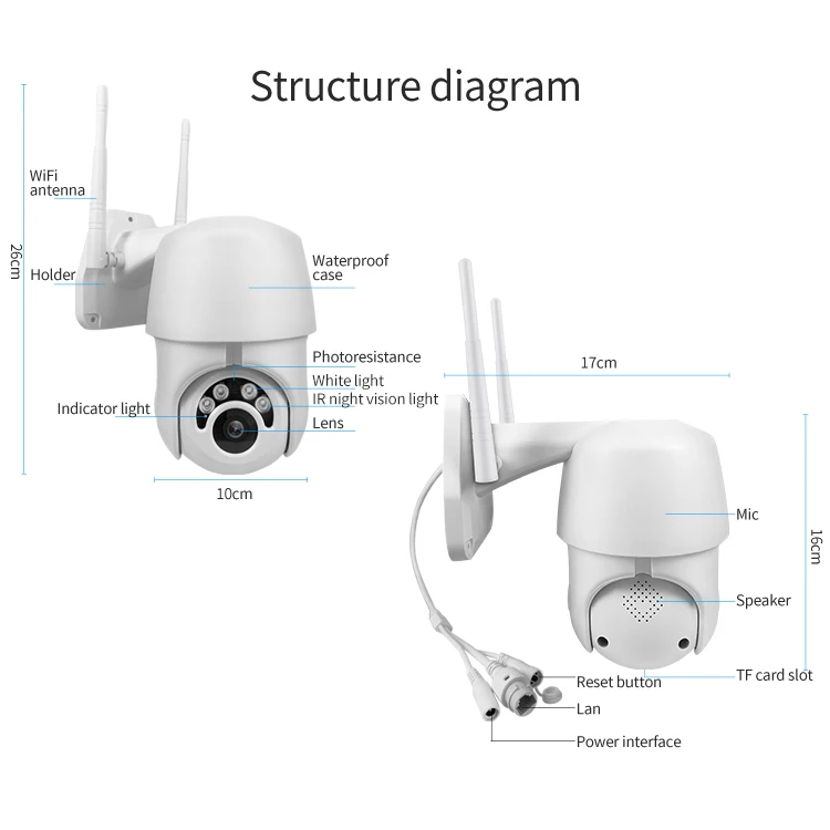 P2P Мобильный контроль 2MP HD wifi IP PTZ камеры 1080P двухстороннее аудио беспроводные
