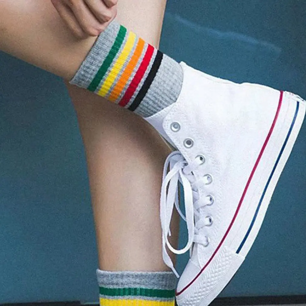 Trendy Rainbow Stripe Printed Cotton Socks Ladies Women Middle Length Casual Soft Harajuku Socks Sports Warm Socks