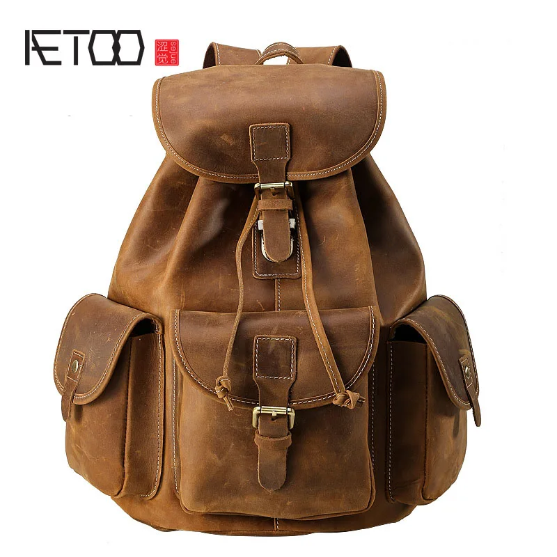 

AETOO British retro backpack men crazy horse 100% genuine leather shoulder bag large capacity travel men