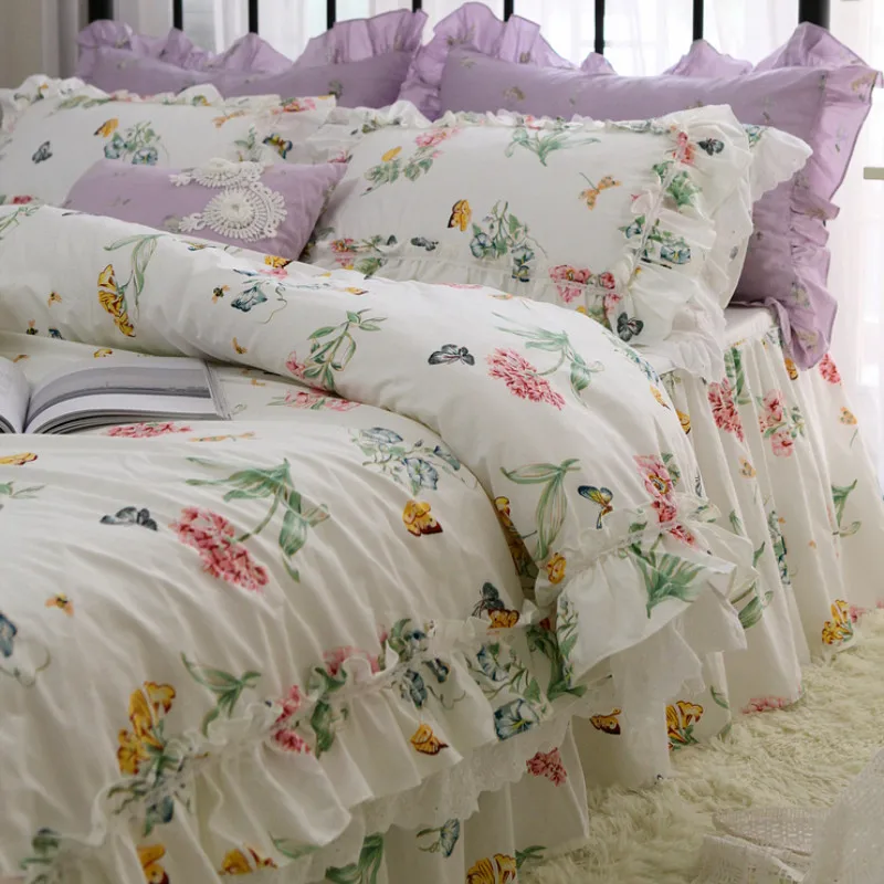 Hot Butterfly love flower print bedding set European bedding big ruffle