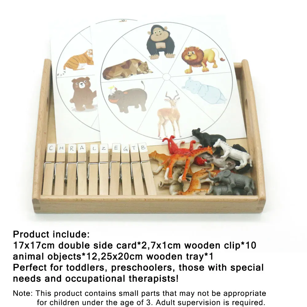 Montessori Animal Cards Clip Set with Tray Words Learning Material Preschool Educational Toys Juguetes Montessori MC0864H