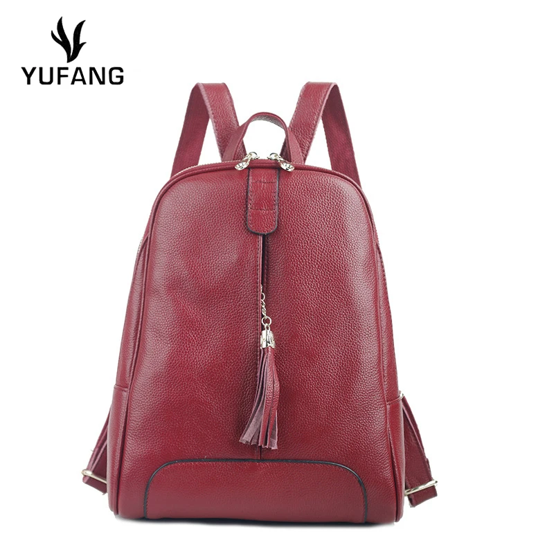 

YUFANG Women Backpack Genuine Leather Infantry Pack Female Candy Color Girl Teenager School Bag Solid Color Shoulder Bag Ladies