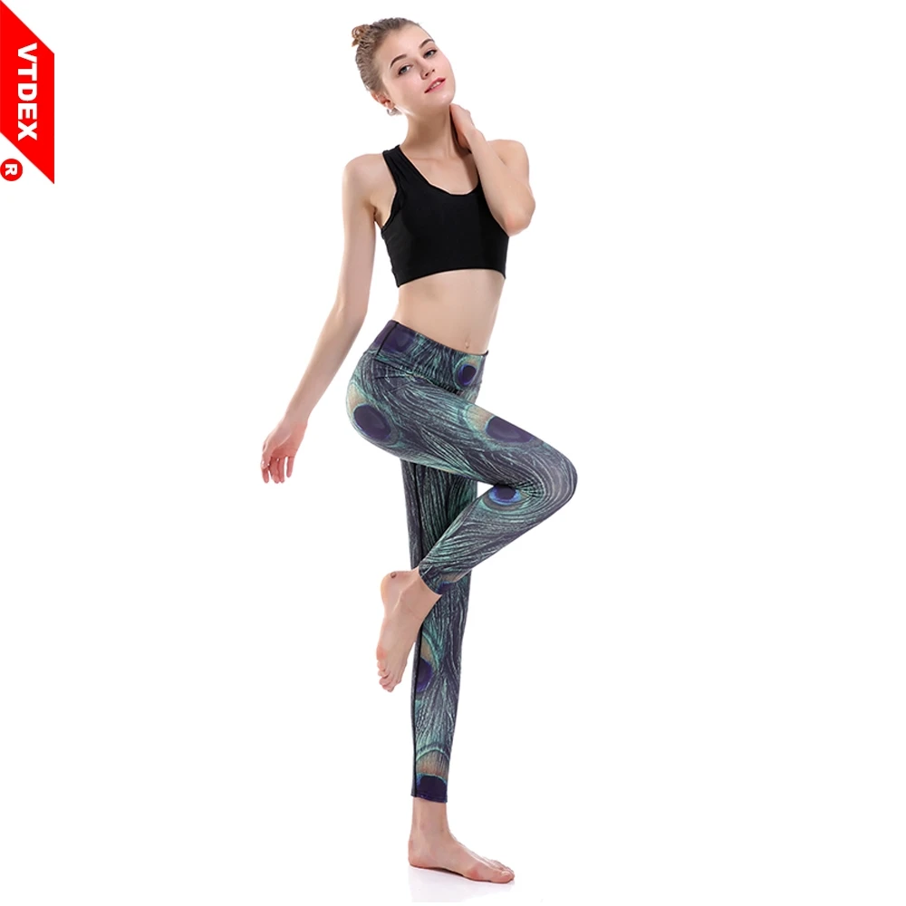 Vtdex الطاووس الريشة ياقة طماق للنساء 2017 مطاطا زائد الحجم 3xl السراويل اليوغا شعبية سريعة جاف الرياضة رياضة الجوارب تجريب
