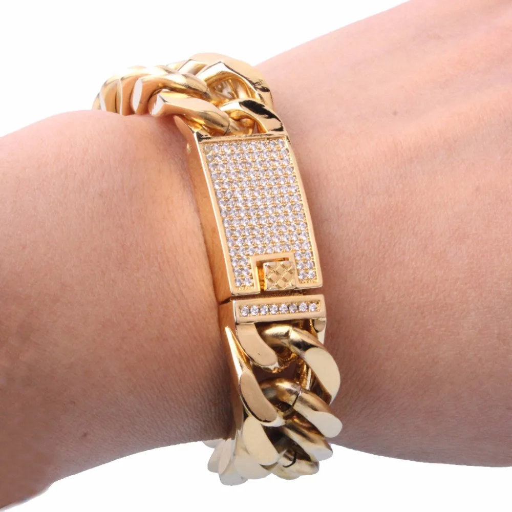 Модный мужской браслет, золото 316L, нержавеющая сталь, браслет в стиле «Майями», винтажный браслет с кубинской цепочкой, прозрачный/черный кристалл, пряжка