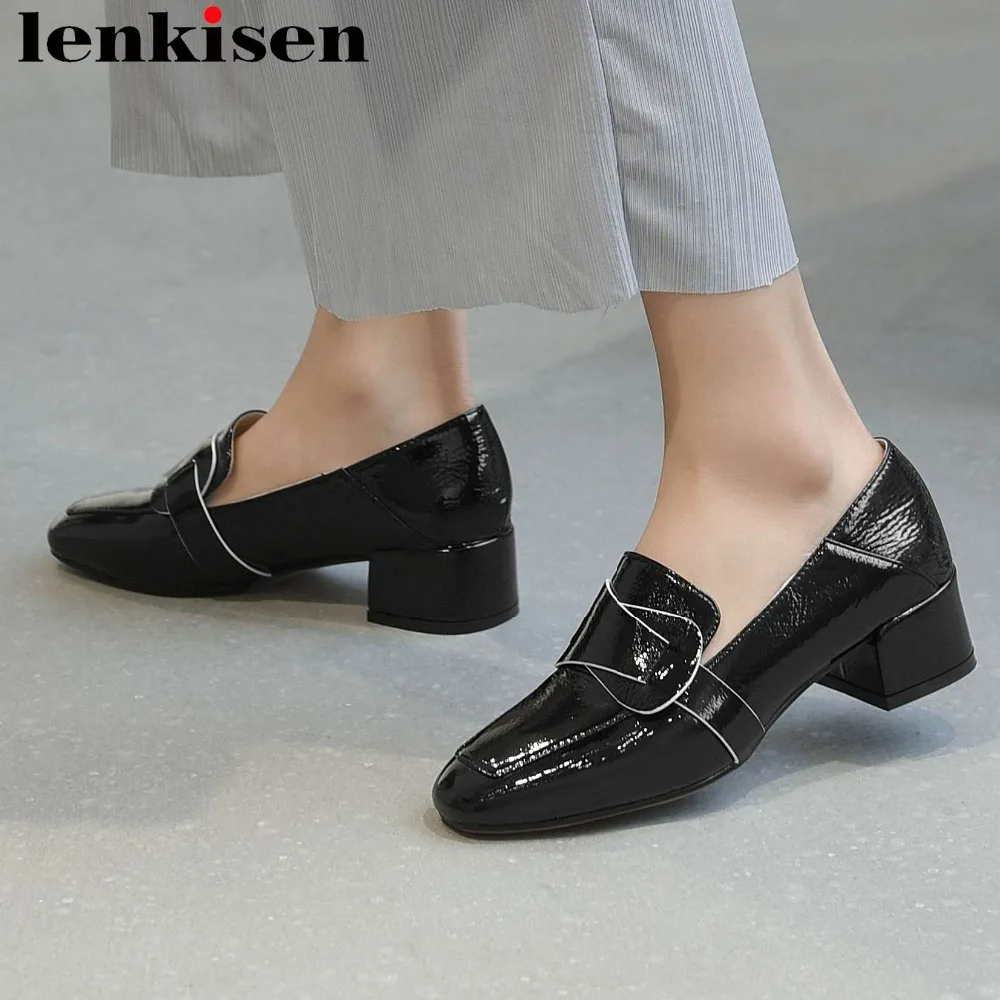 

2019 concise British style vintage square toe chunky med heels slip on shallow pumps hhigh quality campus party casual shoes L21