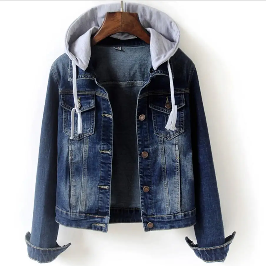 spring autumn Jeans Jacket Women Slim Hooded Jean Jacket Coat turn down