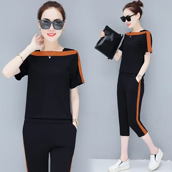 

Set new 2018 summer Korean fashion casual women's outfit short-sleeved sweatshirt two-piece top capris pants leisure clothing