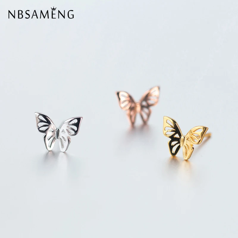 

NBSAMENG Original 100% 925 Sterling Silver Tiny Hollow Out Butterfly 10*8mm Stud Earrings For Women Jewelry Gift Prevent Allergy