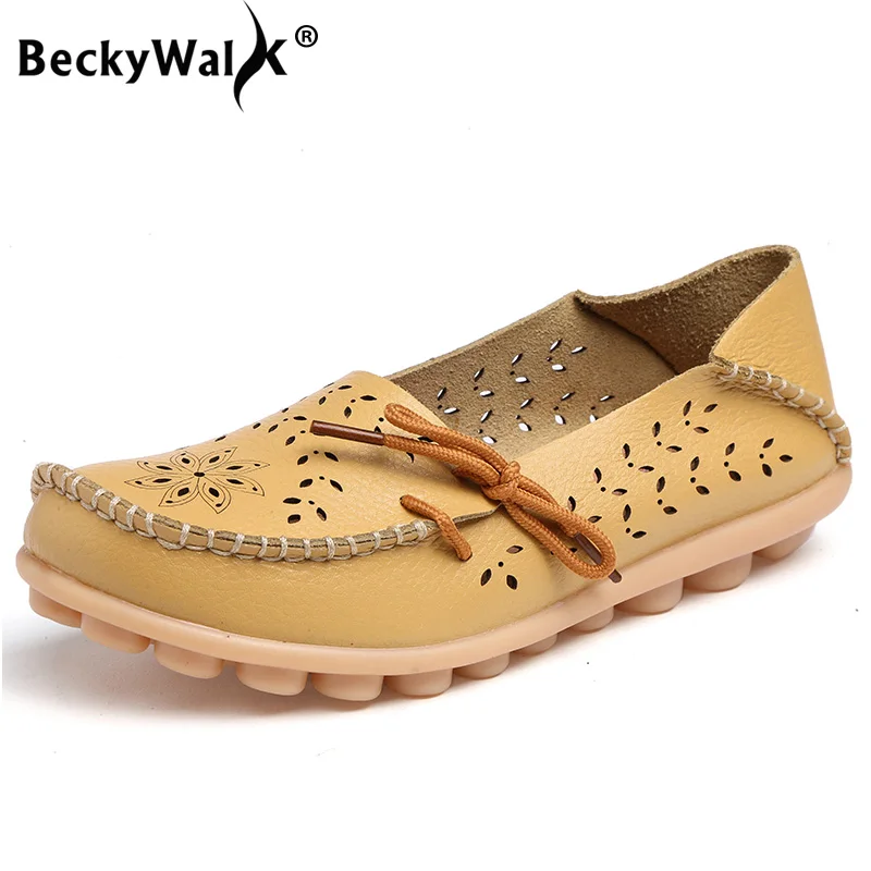 

BeckyWalk Summer Women Shoes Genuine Leather Cut-outs Slip On Women Flats Large Size Female Loafers 21Color Shoes Woman WSH2671