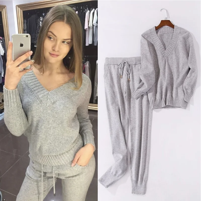 

2piece Women Set Sweatshirt+ Pants Winter Autumn Warm Long Sleeve Knitted Tracksuit 2 Pieces Sets Two Women Sporting Suit Female