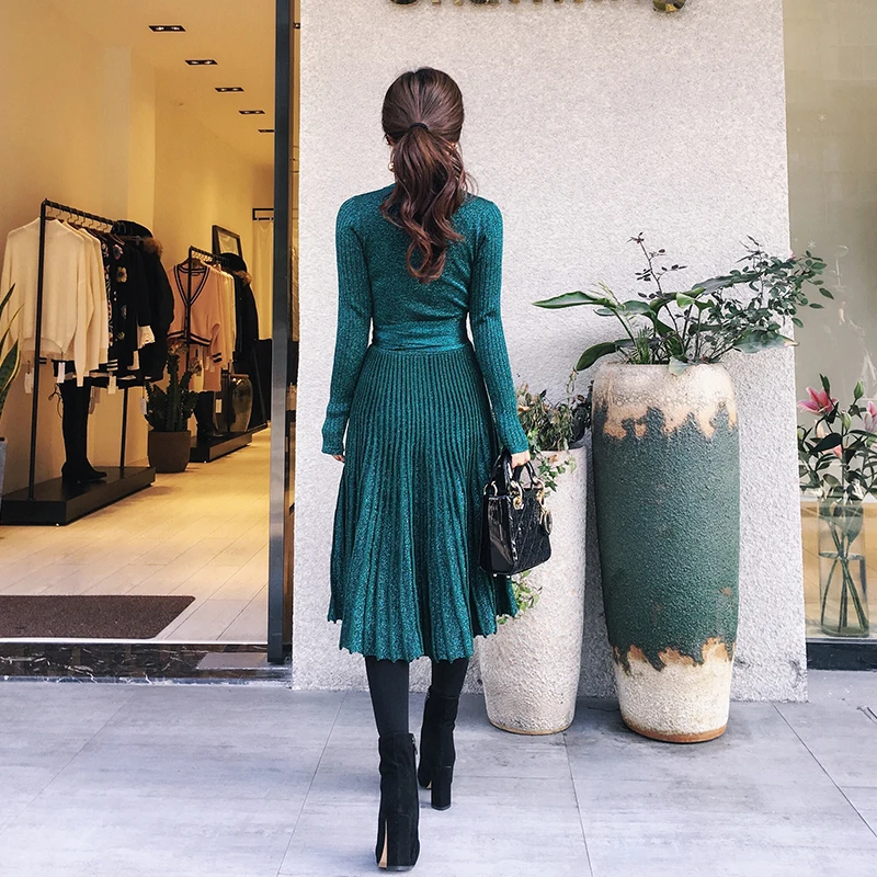 Spring Pleated Large Hem V Collar High Waist Lace Up Shiner Lurex Knitted Elastic Dress Women New Vintage Clothing C-006