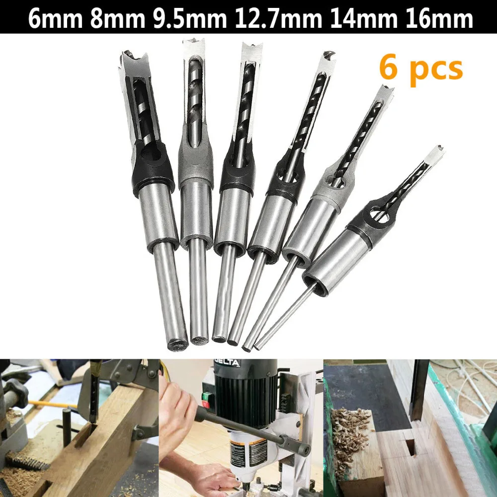 6pcs 6 35 16mm hss twist square hole drill bits auger mortising chisel extended saw for woodworking tools WENXING 6PCS 6mm 8mm 9.5mm 12.7mm 14mm 16mm Square Hole Saw Drill Bit Auger Mortising Chisel 1/4 5/16 3/8 1/2 9/16 5/8