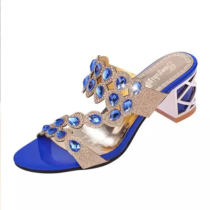 

Blue Rhinestones Slippers Women Shoes 2019 Summer New Korean Women Slippers High Heels Slippers Womens Shoes Woman Flip Flops