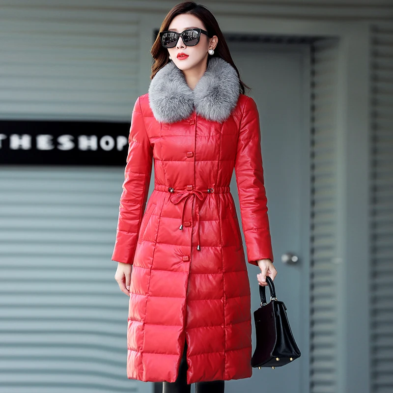 AYUNSUE зимняя куртка из натуральной кожи, женский пуховик размера плюс, красное корейское длинное пальто из овчины, Chaqueta Mujer KJ633 - Цвет: Red
