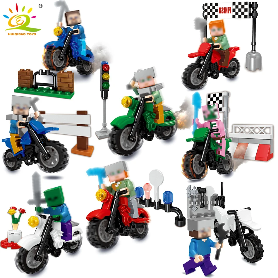 

8PCS My World Bike Racing Speed Champions Moto Building Blocks Compatible Legoed Minecrafted Steve Figure Motorcycle Bricks Toys