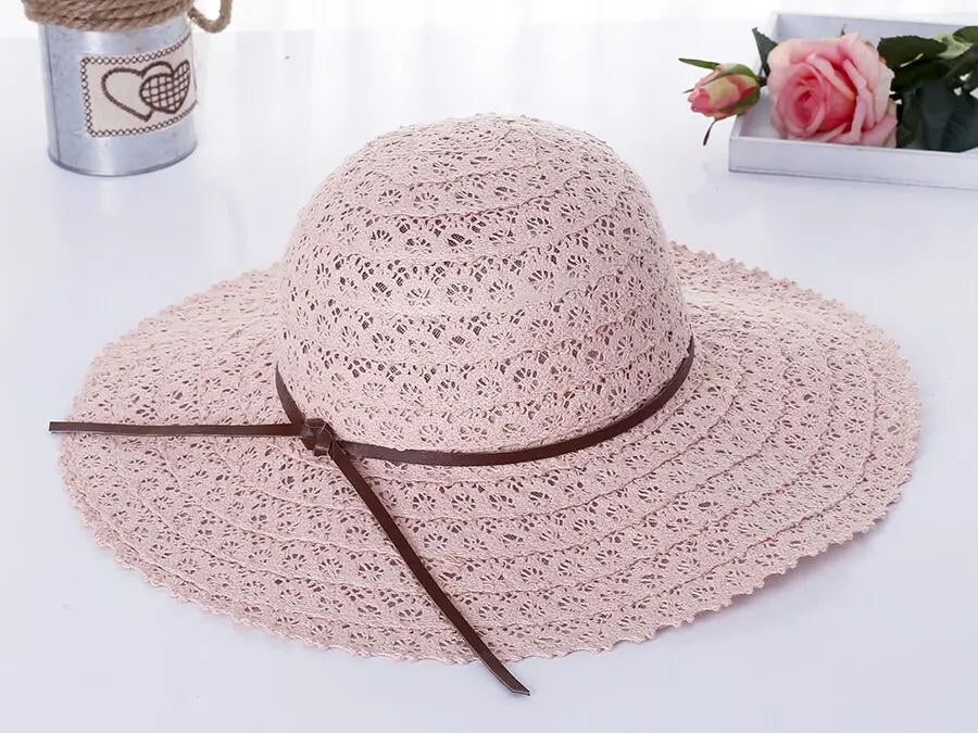Ymsaid, складные хлопковые пляжные солнцезащитные шляпы с бантом для женщин, модный дизайн, элегантная пляжная шляпа от солнца, Женская кружевная соломенная шляпа - Цвет: Pink