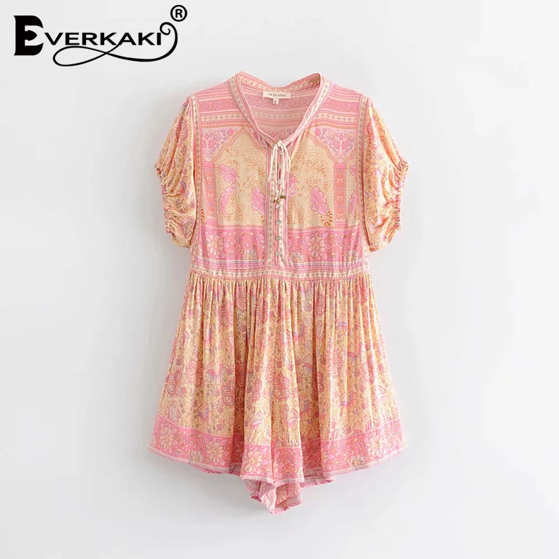 Everkaki Gypsy Rompers Boho с цветочным принтом, короткие комбинезоны, комбинезоны, богемные Комбинезоны для женщин, комбинезоны с коротким рукавом, новинка