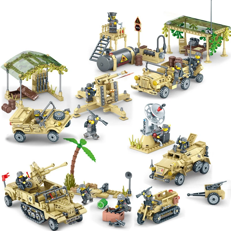 

415Pcs WW2 Military Camp Trucks Jeeps Car Building Blocks Compatible LegoING Army Soldiers Weapon Set Bricks Toys for Children