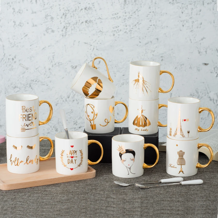 Taza de café dorada real de cerámica de 11oz con estampado dorado y