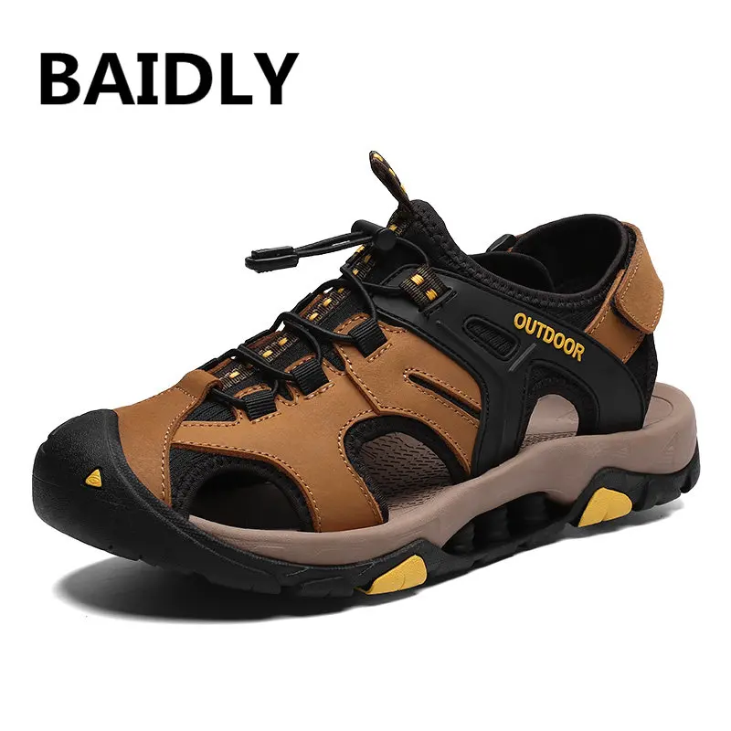 Classic Men Beach Sandals Plus Size 38-45 Genuine Leather Summer Shoes for Outdoor Walking | Обувь