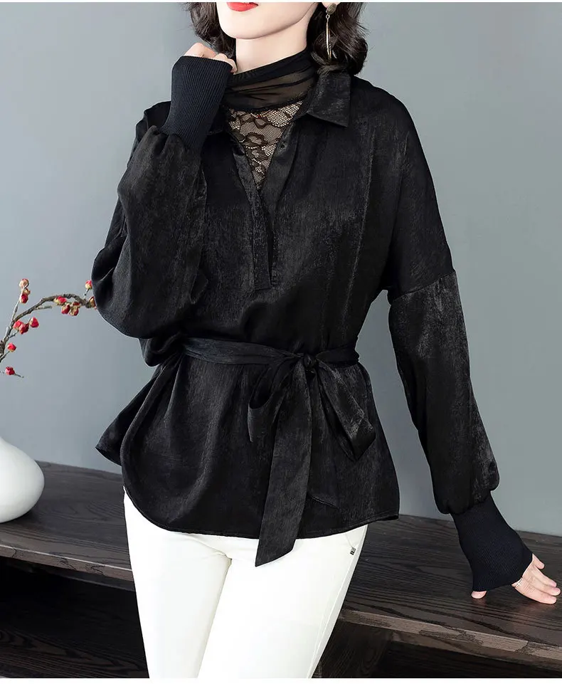 Высокое качество брендовая блузка 2019 весна лето черная блузка плюс размер рубашка женская Turn-Down воротник ремень Топы Блузка женская блуза