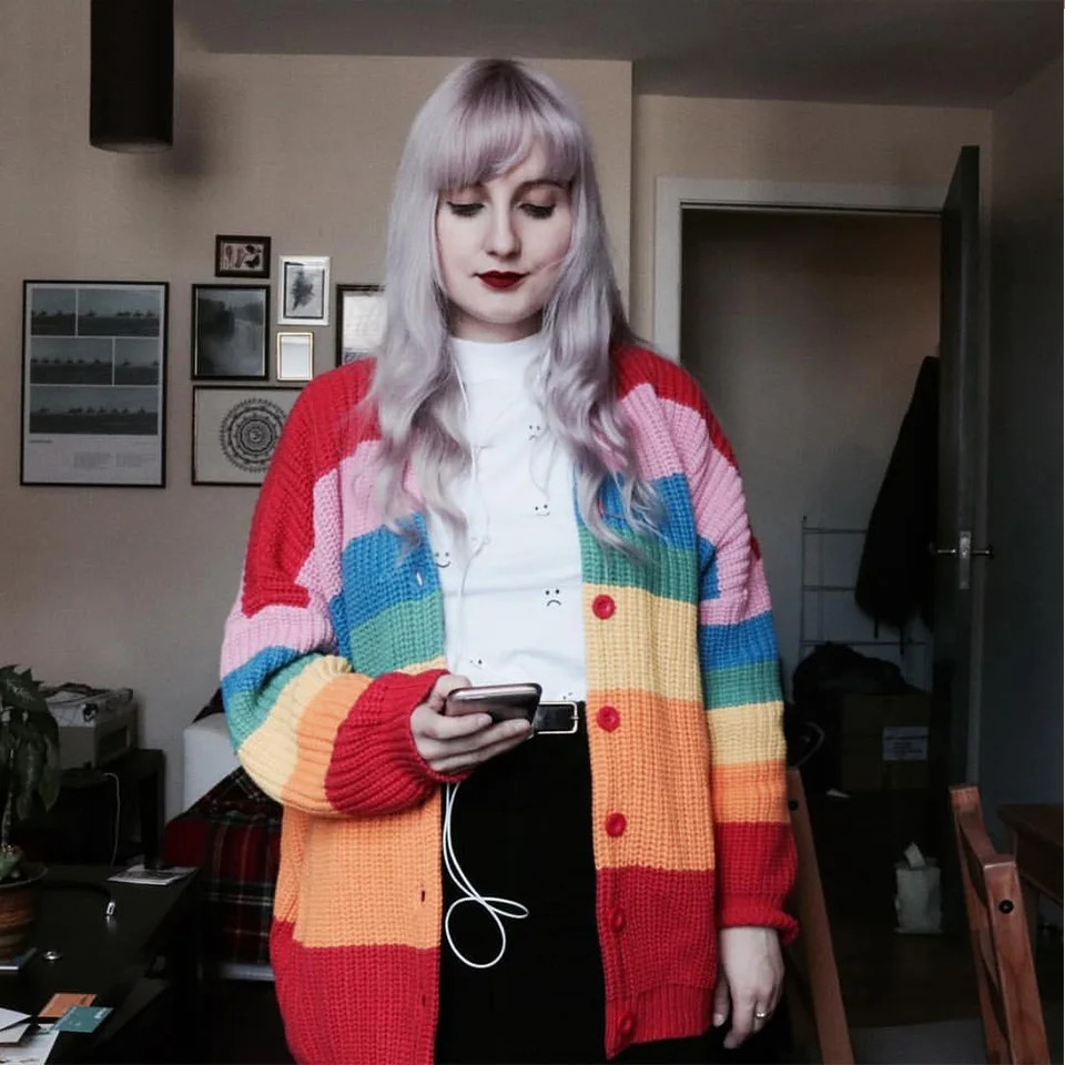 Модный женский свободный свитер из искусственной кожи с буквенным принтом, кардиган, женский полосатый вязаный свитер с радугой, свитер с круглым вырезом